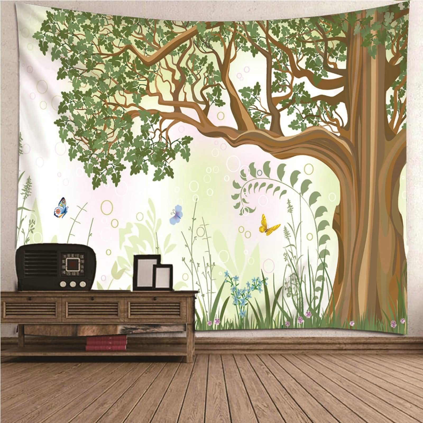 Tapiz Decorativo, Decoración Terraza Pared Árbol y Mariposa Poliéster Verde Marrón 300x260CM Regalo Mujer
