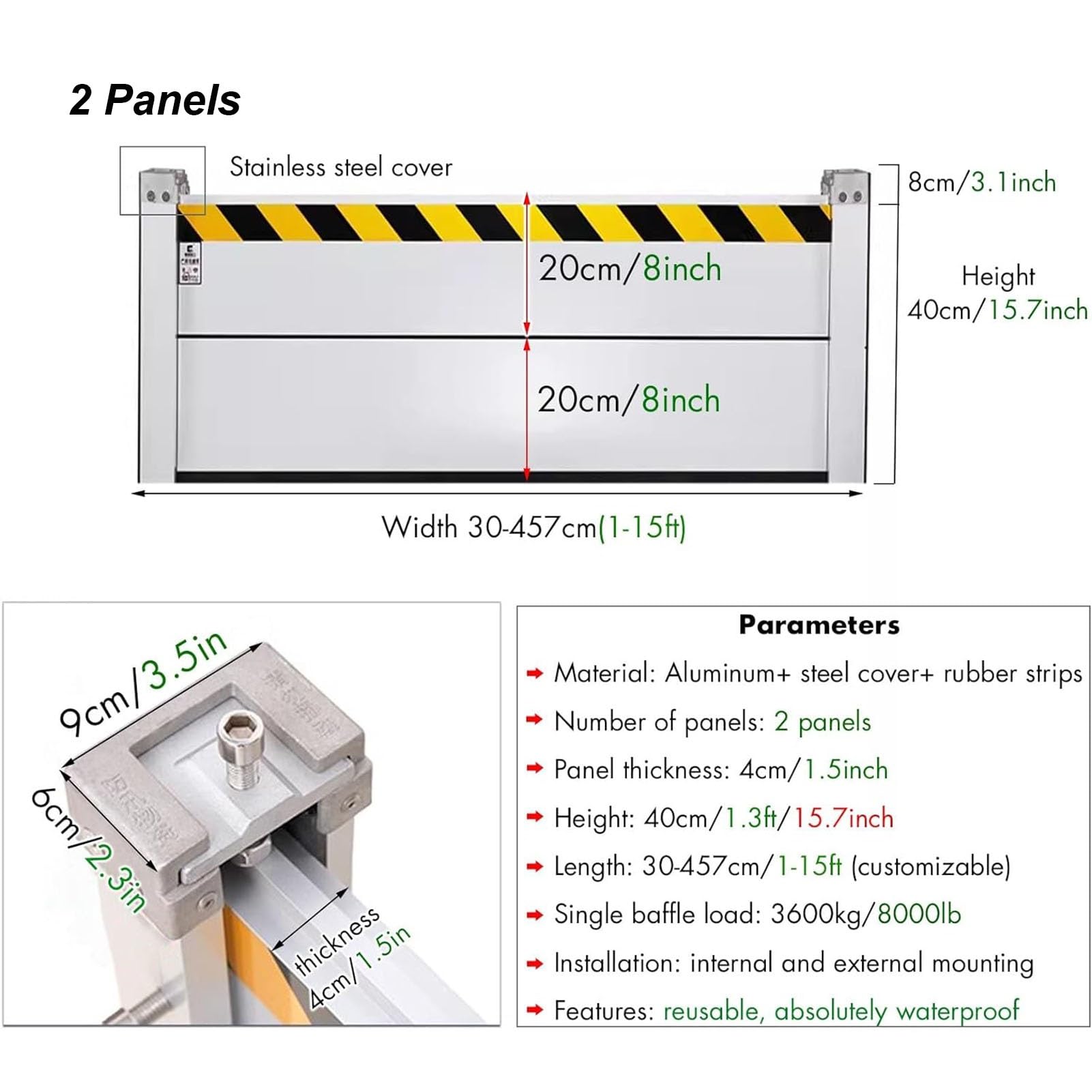 Flood Protection Barrier/ Flooding Control Baffle for Garage/ Front Door/ Basement, Height 1.3ft/ 2ft/ 2.6ft/ 3.3ft Flood Prevention Water Barriers, Water Dams Aluminum, Suitable for Garage, Retail (