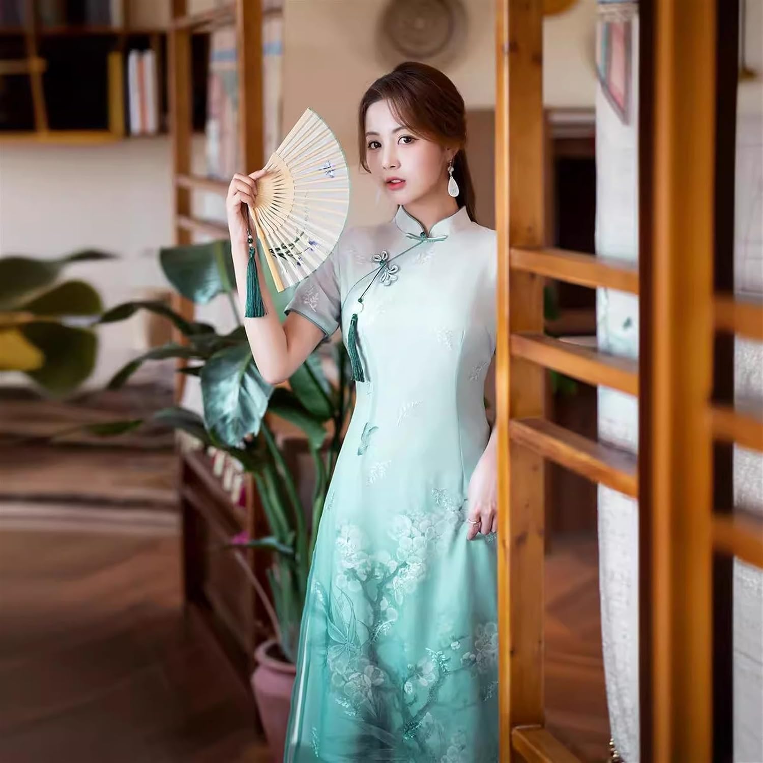 RZIHOI Traditional Ao Dai Vietnamese Dress for Women Chiffon Embroidered Cheongsam Spring Summer Qipao Chinese Style Dresses