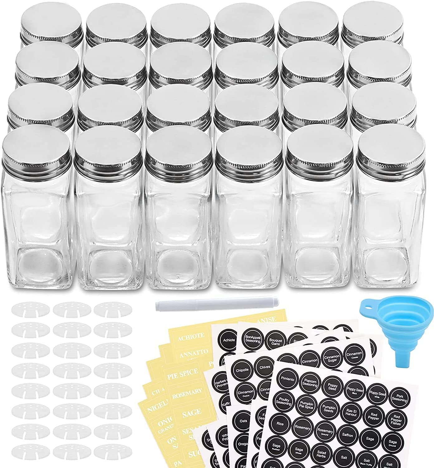 Orchid M 24 Pcs Glass Spice Jars/Bottles - 4oz Empty Square Spice Containers with Spice Labels - Shaker Lids and Airtight Metal Caps - Silicone Collapsible Funnel Included