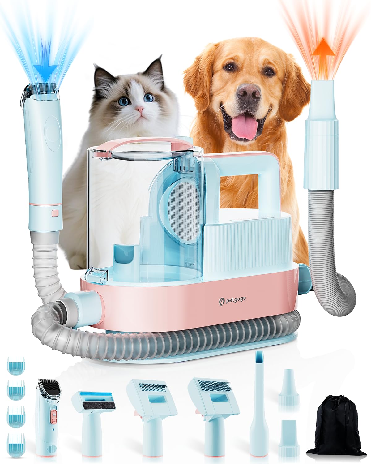 PETGUGU Hundeschermaschine mit Staubsauger, 7-in-1 Tierpflegeset für Hunde und Katzen, leiser Hundestaubsauger mit 11000 Pa, 2,5L Behälter und 3 Saugstufen, Tierhaarschneidemaschine M1 Pro, Blau