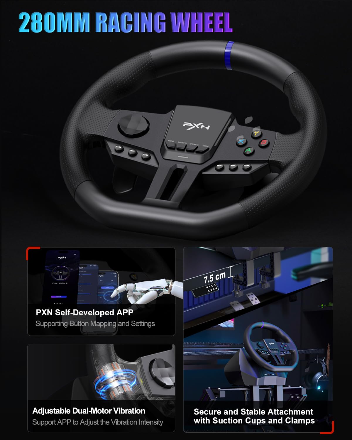 PXN V900 Gen2 Gaming Lenkrad mit Hall-Pedalen – 16-Bit USB PC-Lenkrad 270°/900° Drehung, Vibrationsfeedback, Schaltwippen, App-Steuerung – kompatibel mit PC, Xbox, PS4, PS3, Switch