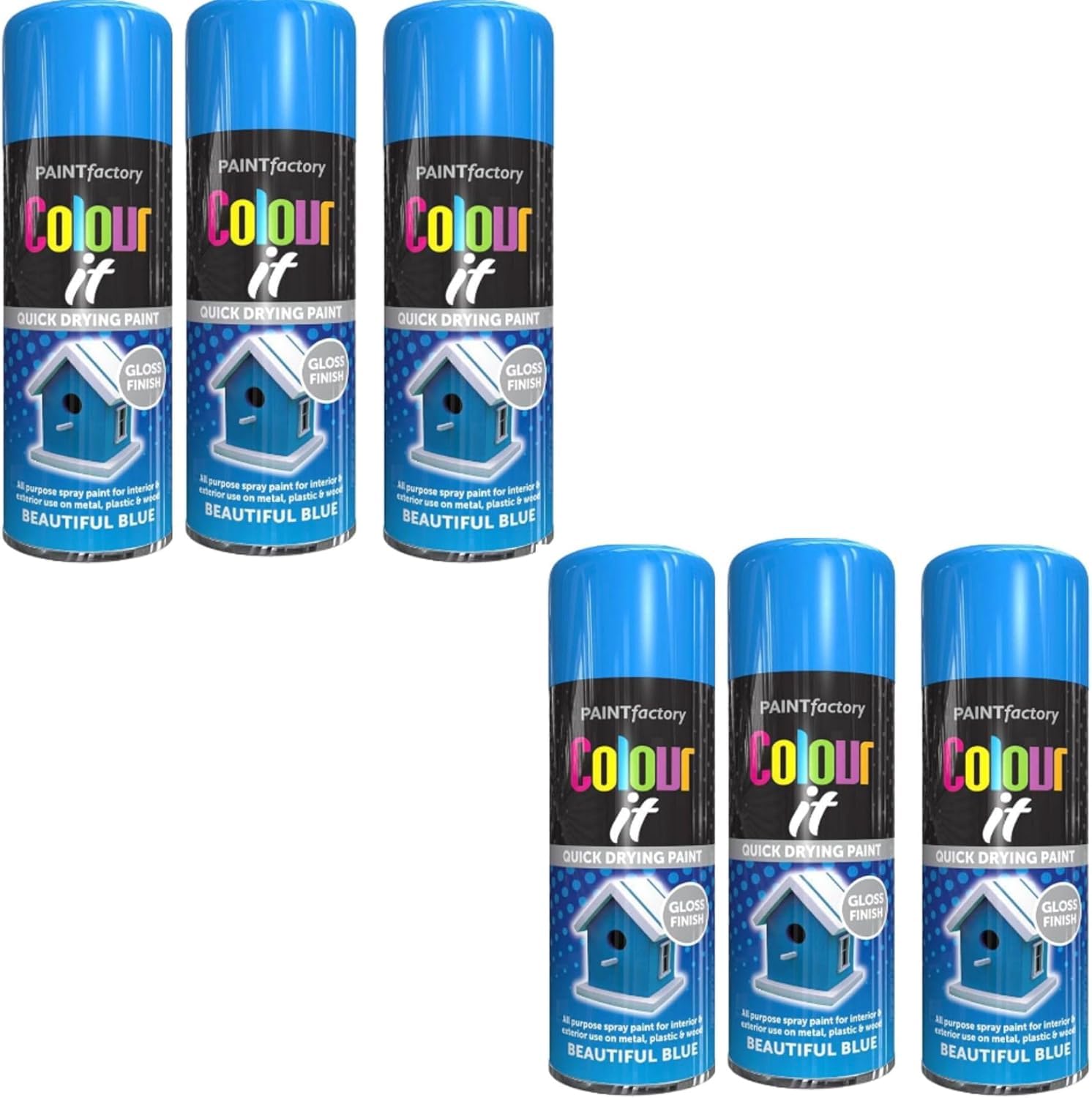 Colour It Beautiful Blue Quick Drying Paint, Multi-Surface, Gloss Finish, Smooth Coverage, Durable, Rust-Resistant, Long-Lasting, Ideal for Doors, Gates, Railings & Furniture, 400ml, (Pack of 6)
