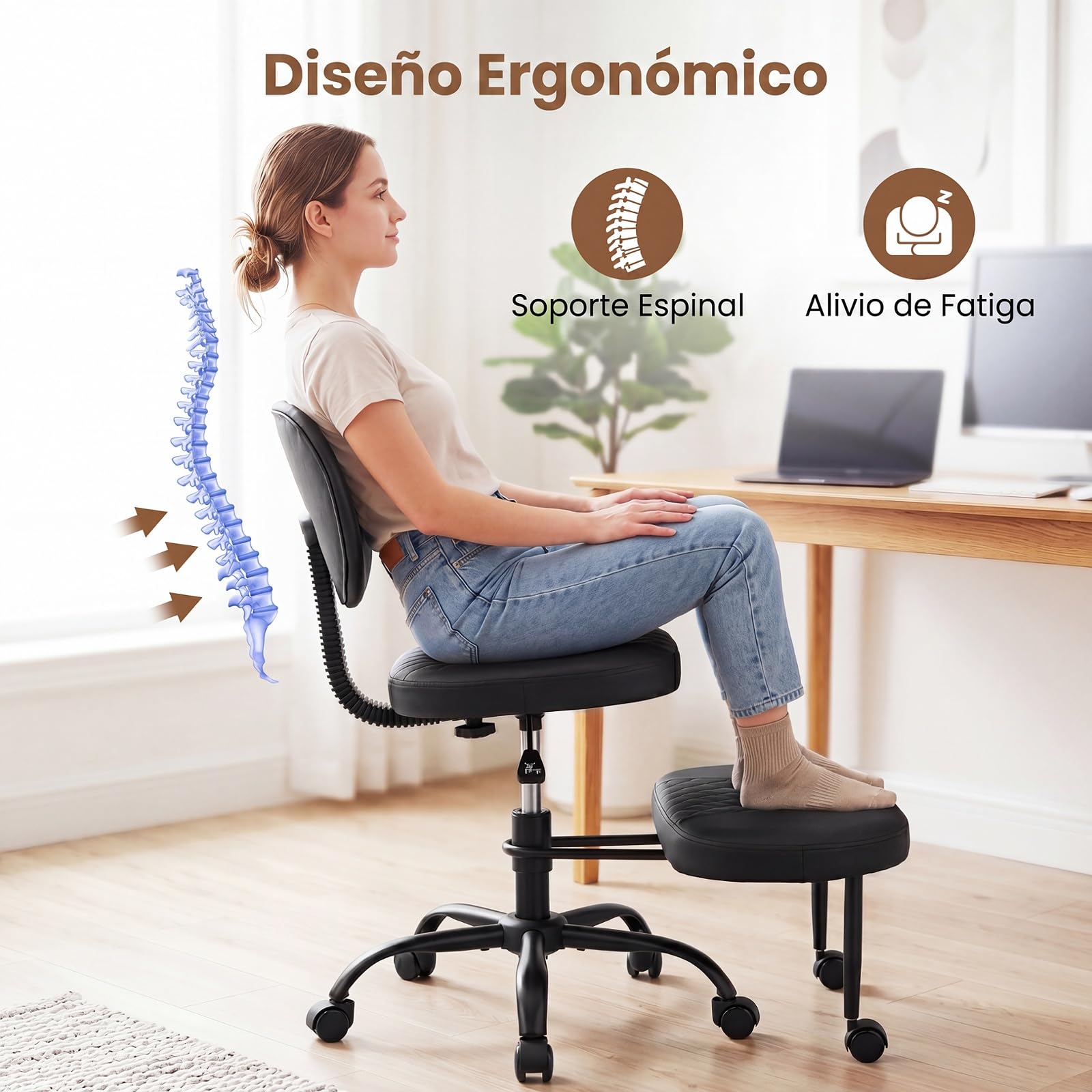 COSTWAY Silla Ergonómica de Rodillas, Respaldo, Reposapiés Giratorio a 360° | Silla Oficina de Piernas Cruzadas con Ruedas, Altura Ajustable y Asiento Tapizado, Taburete para Meditación, Yoga, Trabajo