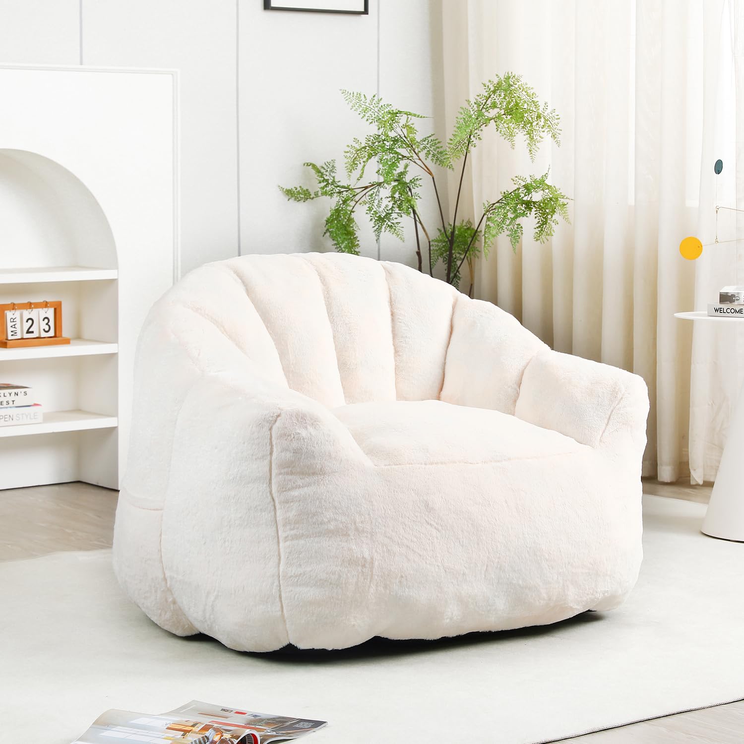 Bean Bag Chair with Arms for Adults - Furry Lazy Sofa, Armrests Stuffed High-Density Foam Filler Chair, Small Cozy Reading in Bedroom Living Room and Dorms (White)