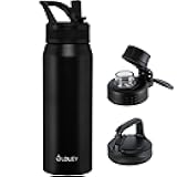 OLDLEY 24 oz Insulated Water Bottle With Straw, Stainless Steel Sports Water Cup Flask with 3 Lids(Straw, Spout and Handle Lid) Double Walled Travel Thermal Canteen Mug,Black