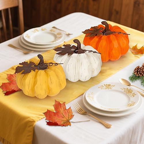 Miniatura 4 de Decoración de calabaza de otoño, juego de 3 calabazas de resina de 6 pulgadas con hoja de arce de metal, calabazas artificiales para decoración de