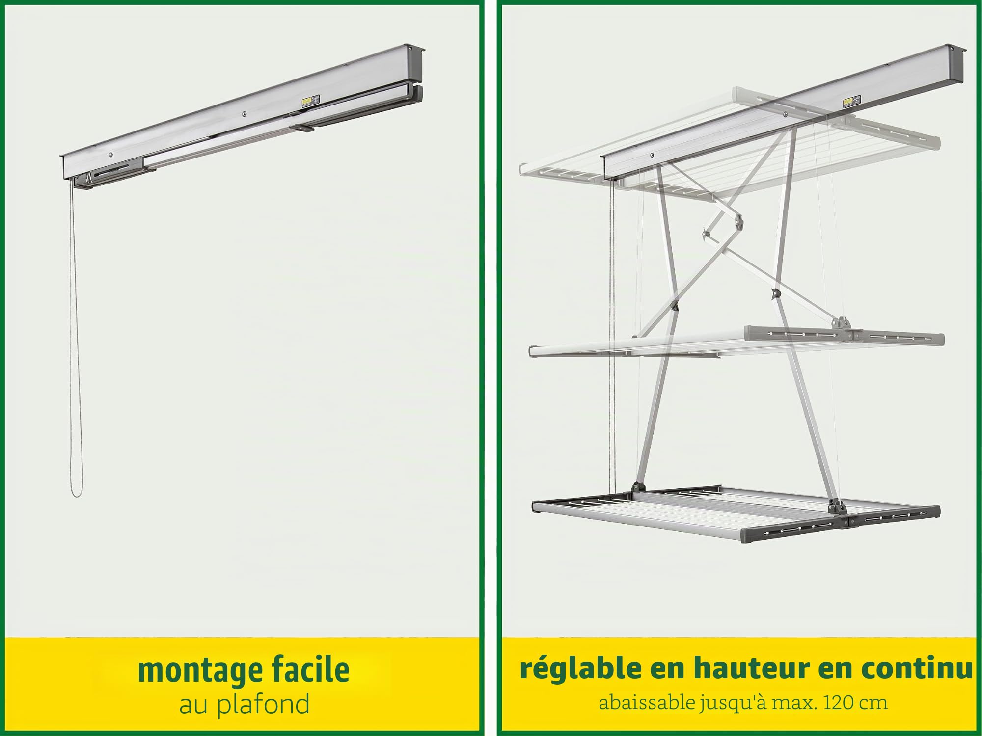 JUWEL Sèche-Linge de Plafond Samba 140 (Longueur de Suspension 13,7 m, séchoir à Linge pour Grandes pièces de Linge/Linge de lit, jusqu'à 120 cm abaissable en continu) 30041