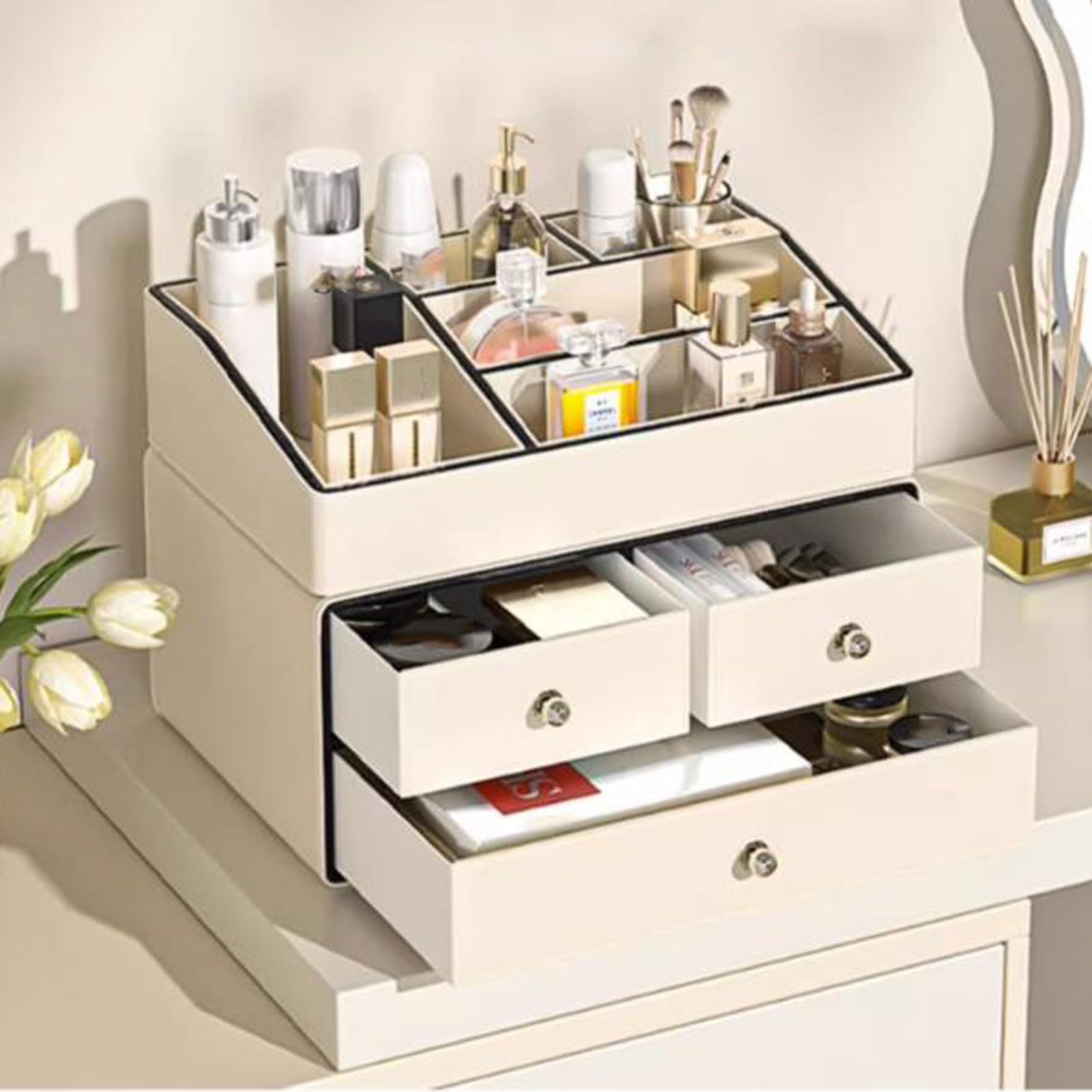 Scatola portaoggetti per cosmetici, organizer per trucco, grande contenitore per cosmetici e prodotti per la cura della pelle, organizer per scrivania, ufficio, bagno con 3 cassetti e 5 scomparti.