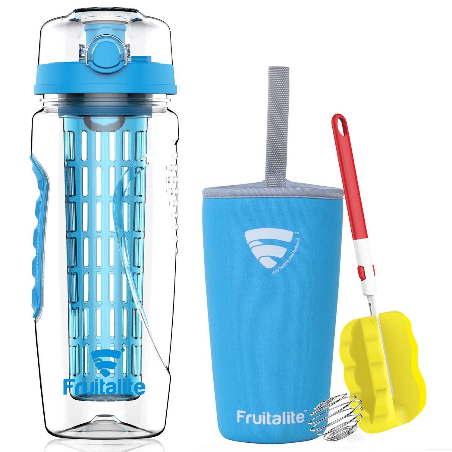 Fruitalite Fruit Infuser Water Bottle- 1 Litre, Colored Tritan Infusion Rod, Cover Sleeve, Infused Detox Water Recipes eBook, Cleaning Brush(Blue)