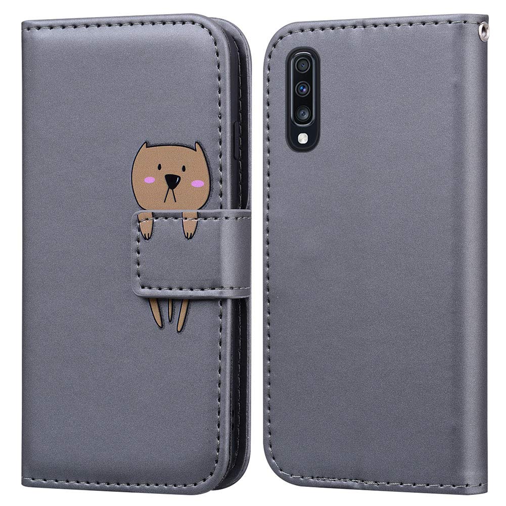 Ailisi Cover Per Samsung Galaxy A7 2018/A750 - Custodia Portafoglio Con Cute Orso Grigio, Pelle PU, Supporto E Slot Carte