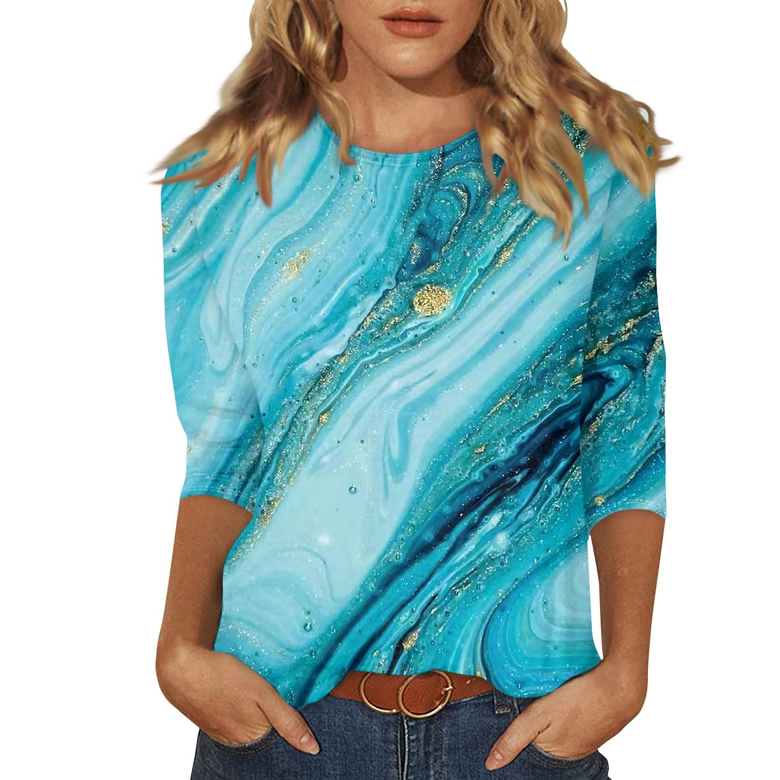 Womens 3/4 Sleeve Tops Printed Crew Neck Tshirts Dressy Casual Floral Blouses Summer Three Quarter Sleeve Loose Fitting Vintage Workout Tunic Tops Women Clothing 3/4 Sleeve Shirts for Women 2025