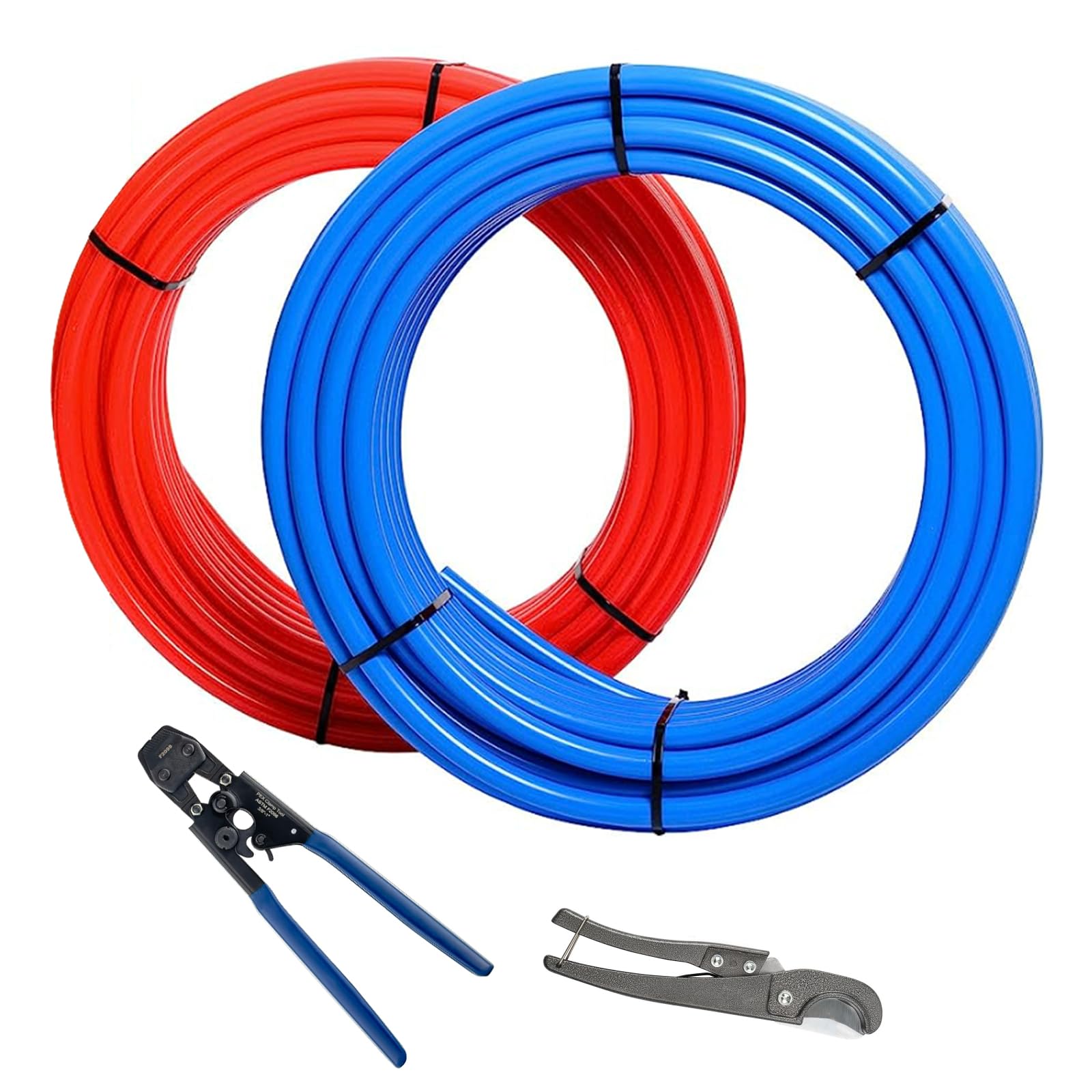 GUOFIS 3/4 Inch PEX-B Pipe, 150ft Length, Blue & Red, Polyethylene, Includes Pex Cinch Clamp Crimping Tool and Pipe Cutter, for Potable and Hot Water