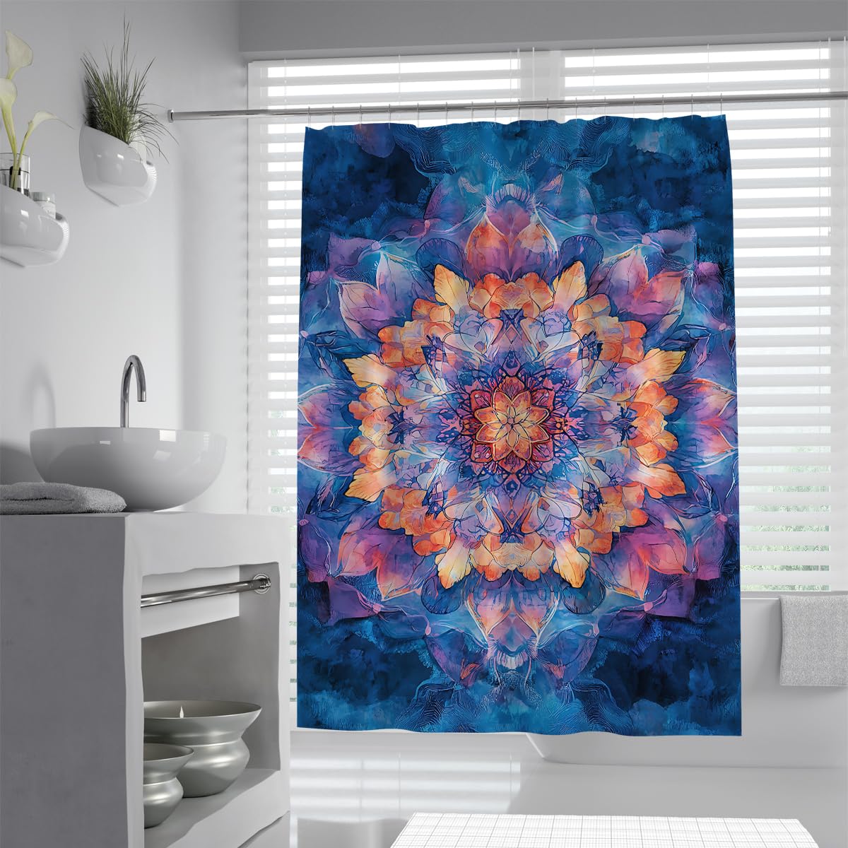 UERWOWELL Impressionist Rosette Shower Curtain Orange Blue Ombre Watercolor Shower Curtain Waterproof Fabric Bathroom Decoration Curtains Extra Long W200xL200 cm