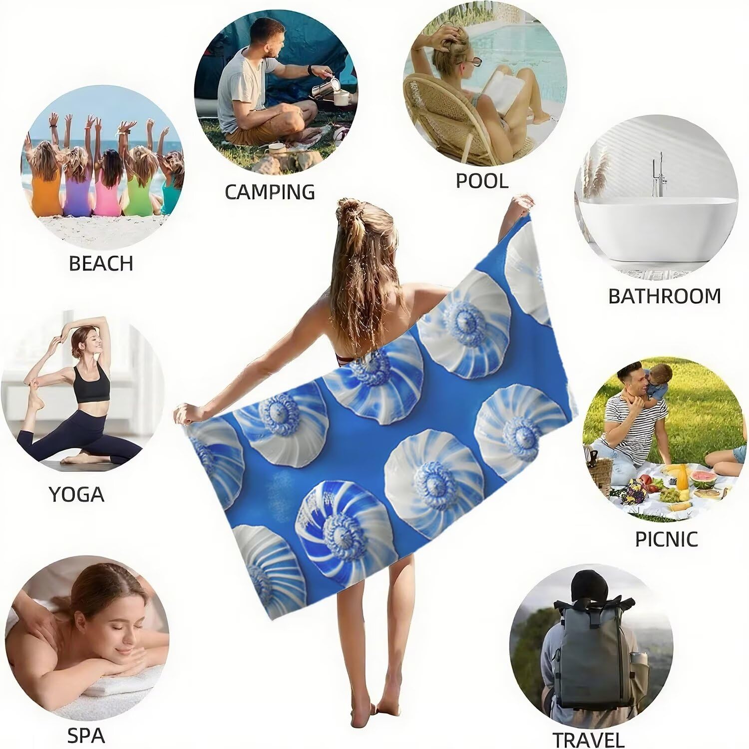 Toalla Playa Microfibra 150x200 Caparazón Diseño Absorbente Sin Arena Toalla Playa, con Cuerda Elástica, Ligero, Hombre, Mujer Ideal Toallas de Baño, Aplicable Gimnasio,Viajes, Natación, Azul p-422