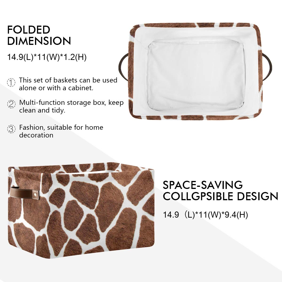Vintage Animal Giraffe Print Storage Basket Collapsible Cloth Storage Cube Basket Bins Organizer with Handles Rectangular Large Toys Shelf Closet for Nursery Bedroom Home Office