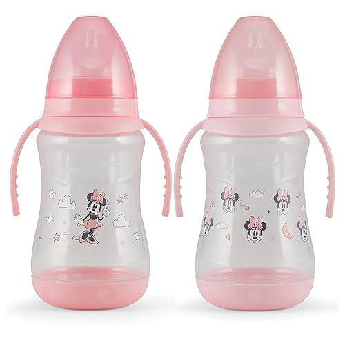 Disney Paquete de 2 biberones de 10 onzas con estampados de personajes y fundas de colores con doble asa, sin BPA y fácil de limpiar