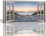 Wall Decorations for Living Room - Beach Wall Art Ocean Decor Fake Windows Beach Themed Seascape Sunrise Bathroom Pictures for Wall Coastal Wall Decor Large Canvas Art Wall Decor Stretched 24x48inch