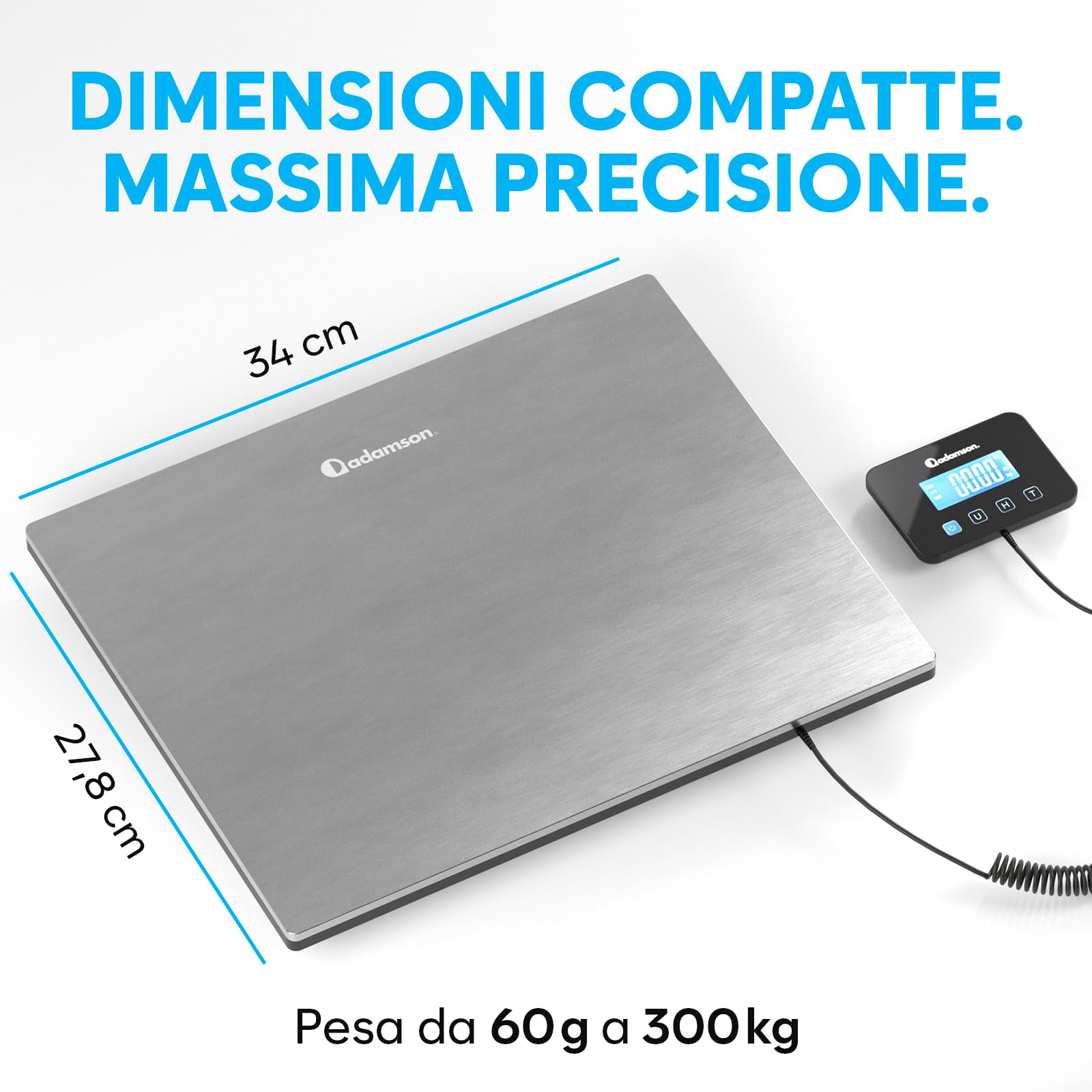 Bilancia Professionale 300 kg Alta Precisione con Funzione Hold/Tara Argento