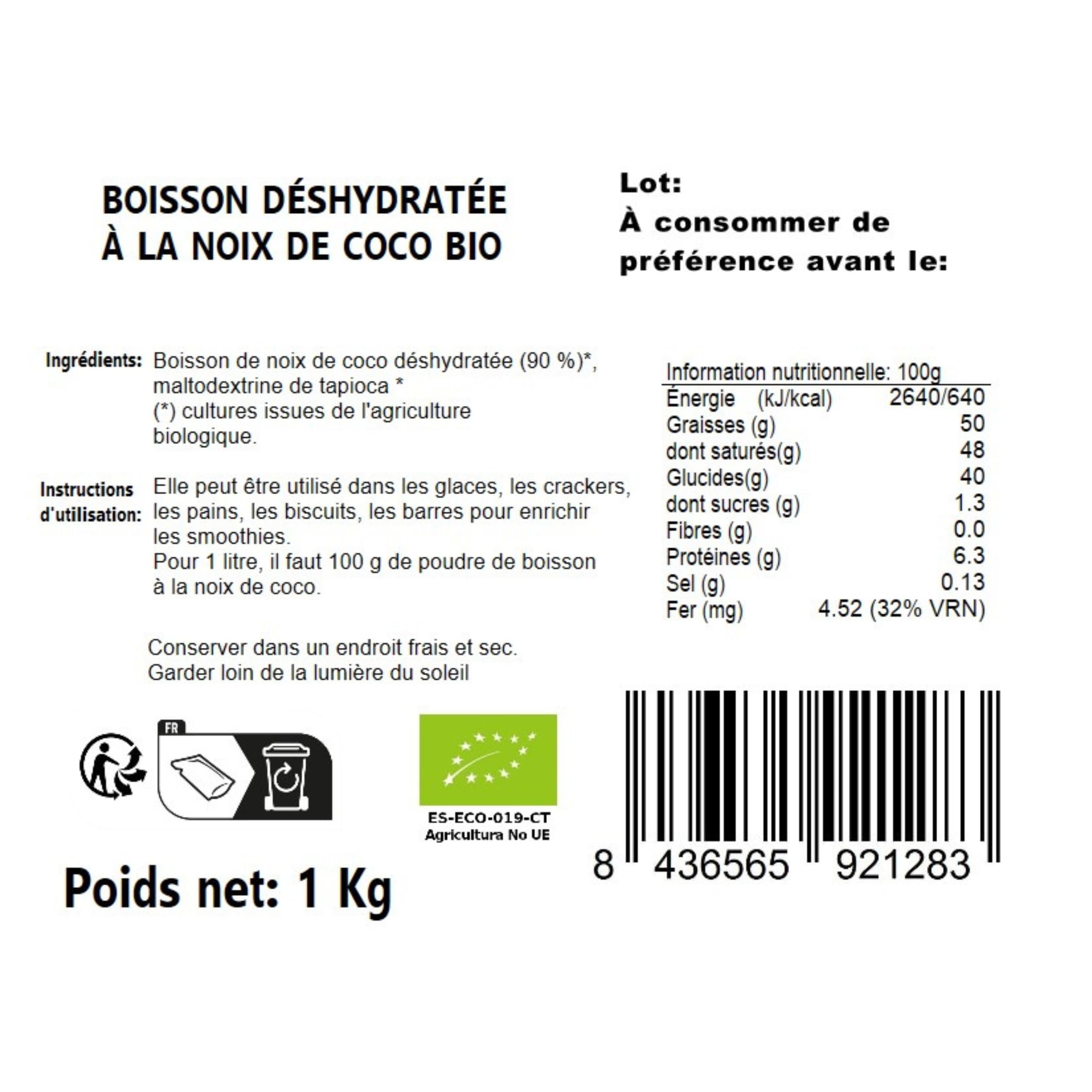 Energy Feelings Lait de Coco en Poudre Bio 1kg, Lait de Coco Bio Sans Sucre Ajouté, Sans Gluten ni Lactose, Vegan Powder, Organic