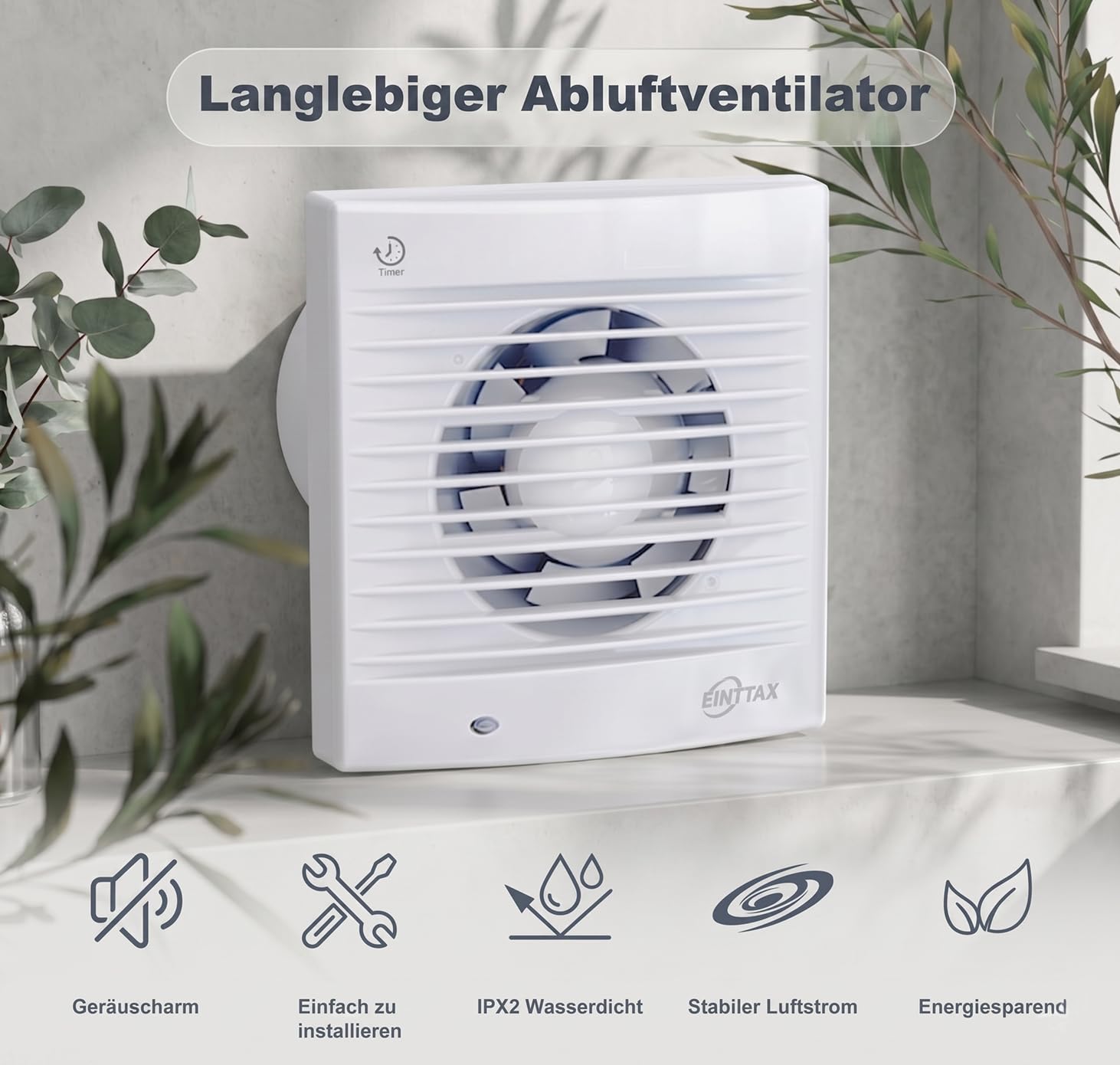 Badlüfter 100mm mit Nachlauf Abluftventilator Küche, 120m³/h IPX2 Wasserdicht Badlüfter mit Rückstauklappe,für Bad Küche Schlafzimmer Garage,Weiß