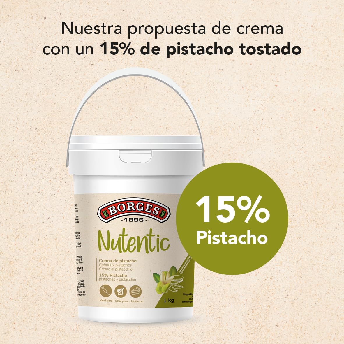 Borges Professional - Crema de Pistacho Nutentic 15% 1kg Sin Gluten, Sin Lactosa, Vegana, Baja en Azúcares, Sin Aceites Tropicales para Repostería