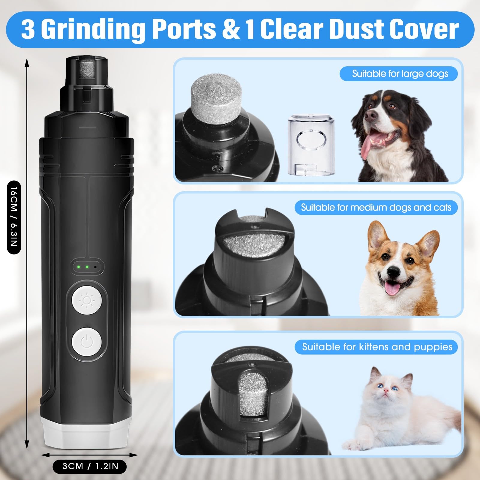 Lima de Uñas para Perros,Eléctrica Lima de Uñas Gatos y Perros de 3 Velocidadesm,Lima de Uñas Perros Silencioso con 2 LED&Tapa Antipolvo, Cuidado y Alisado de Patas para Perros y Gatos