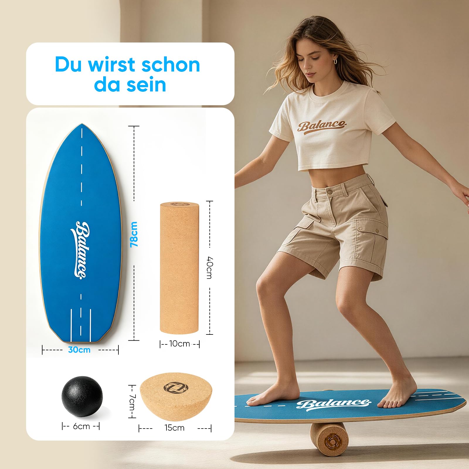 Balance Board Komplett-Set aus Massivholz – 4-in-1 Gleichgewichtsboard mit Rolle, Halbkugel & Faszienball, 78 x 30 cm, belastbar bis 204 kg, rutschfest – für Erwachsene, Anfänger & Profis