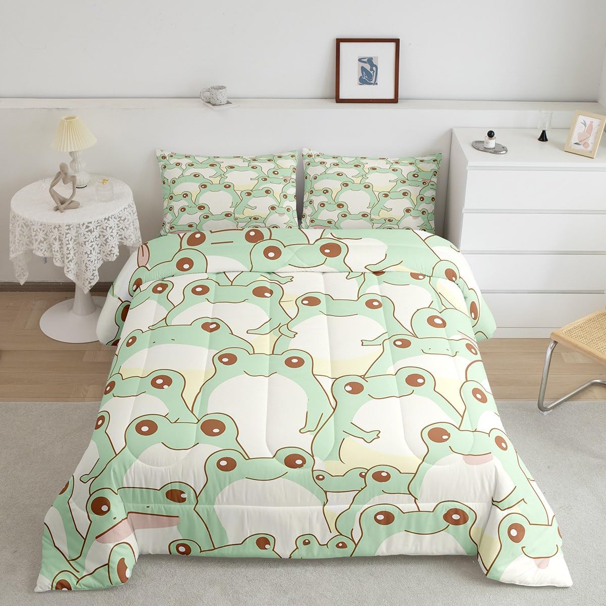Cute Frog Comforter Set,Green Frog Bedding Set for Kids Girls Women,Adults Kawaii Animals Comforter,Cartoon Quilted Duvet Set Bedroom Collection Twin Size 2Pcs