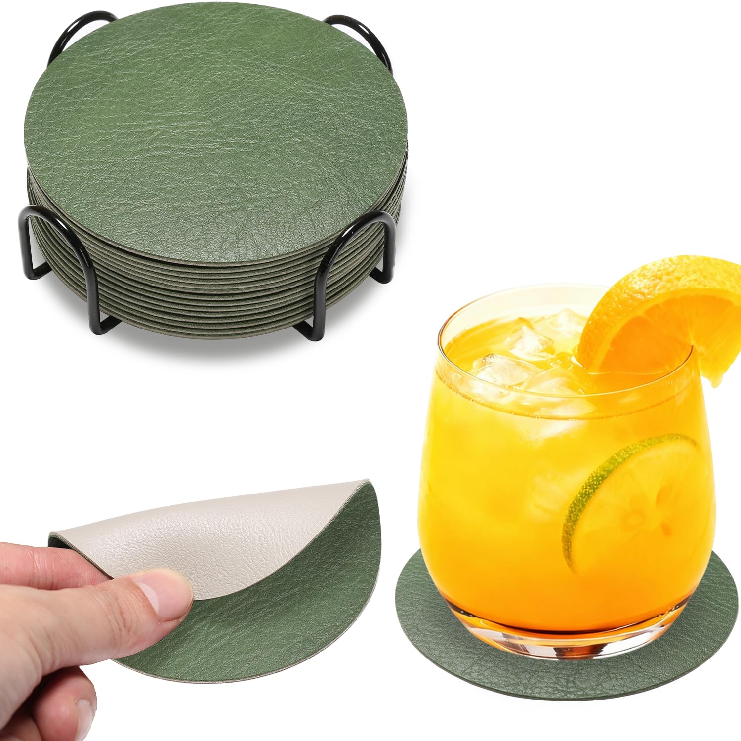 HELI MIAO 16 Stück Untersetzer Gläser, Doppelseitige Glasuntersetzer aus Kunstleder – Rund, rutschfest & hitzebeständig – Inkl. Aufbewahrungsständer (10cm, Grün+hellgrau) – Für Tisch, Bar, Outdoor