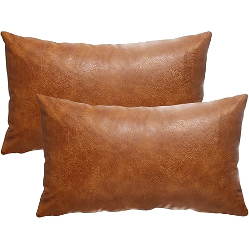 GEGELICA 12X20 Inch Brown Faux Leather Throw Pillow Covers Set of 2 Modern Farmhouse Solid Outdoor Lumbar Boho Cognac Pillow Covers for Room Couch Living Bedroom Bed Sofa Decorative