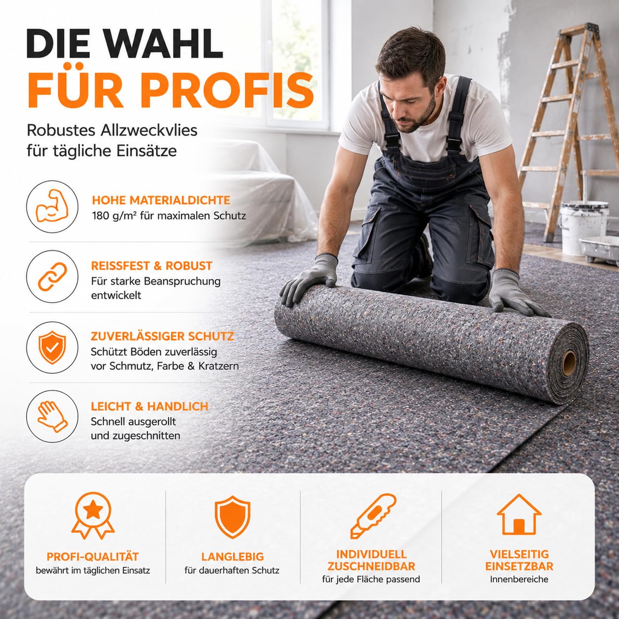 Abdeckvlies Malervlies 50m x 1m (180g/m²) – Anti-Rutsch Beschichtung – Allzweckvlies für Umzug, Möbel- & Bodenschutz bei Renovierung (1)