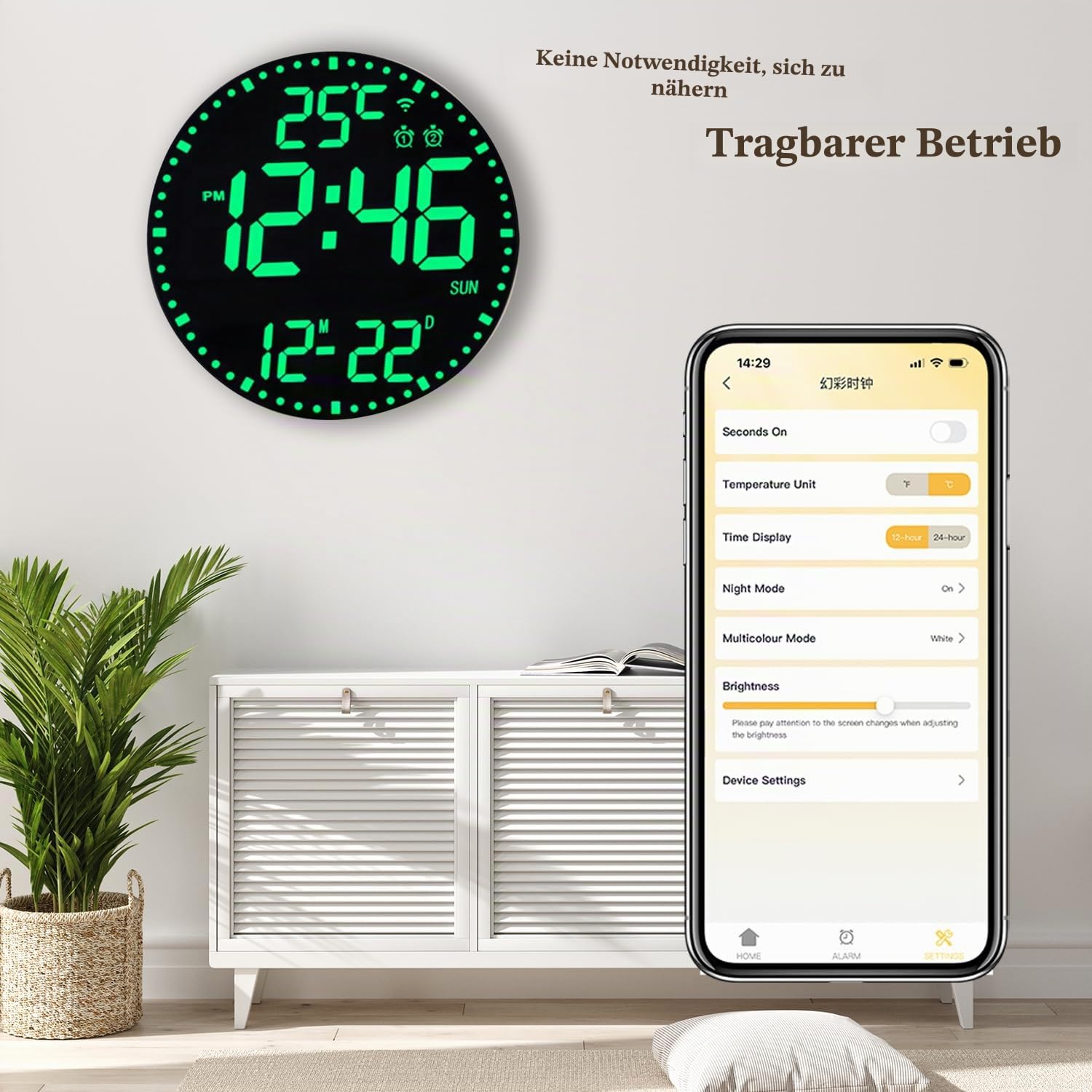 HZDHCLH Digitale Wanduhr 30 cm LED Wecker Bunt Datum Woche Temperatur Timer | Steuerung Per Mobiler App über WLAN-Verbindung Für Zuhause Schule Büro