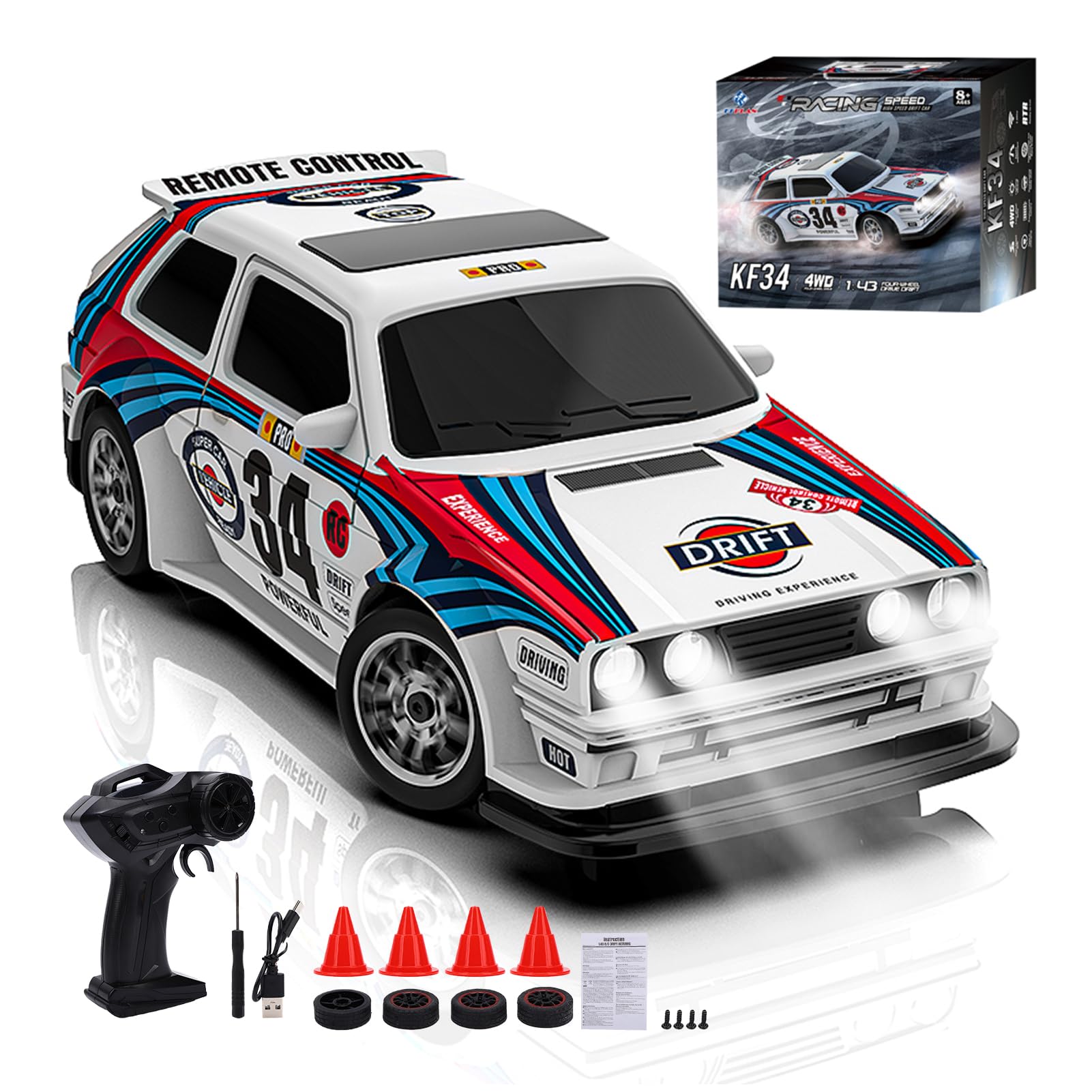 Hylukon Mini RC Drift Car, 1:43 Scale Desktop Drift Car for Teens, 2.4GHz 4 Wheel Drive Remote Control Model Vehicle with LED Lights and Racing Tires