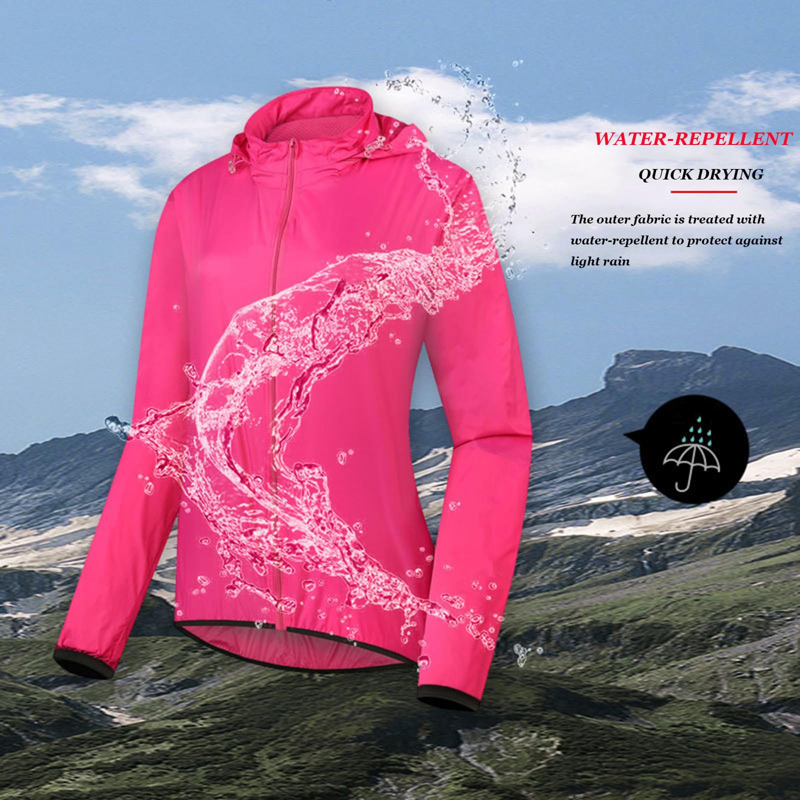 Veste de Cyclisme avec Capuche Cachée Femme, imperméable Hauts de Vélo de Montagne Haute Visibilité Coupe-Vent pour Randonnée, Course, Camping, Équitation, Rose Red-XXL