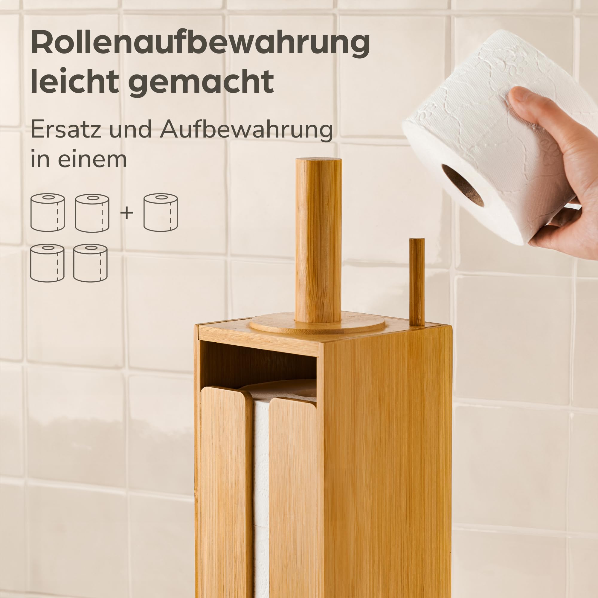 Praknu Toilettenpapier Aufbewahrung Bambus - Toilettenpapierhalter Stehend aus Holz mit Magnetdeckel für 4 Rollen Klopapier - Platzsparend - Rutschfest - Klorollenaufbewahrung - WC Rollen Aufbewahrung