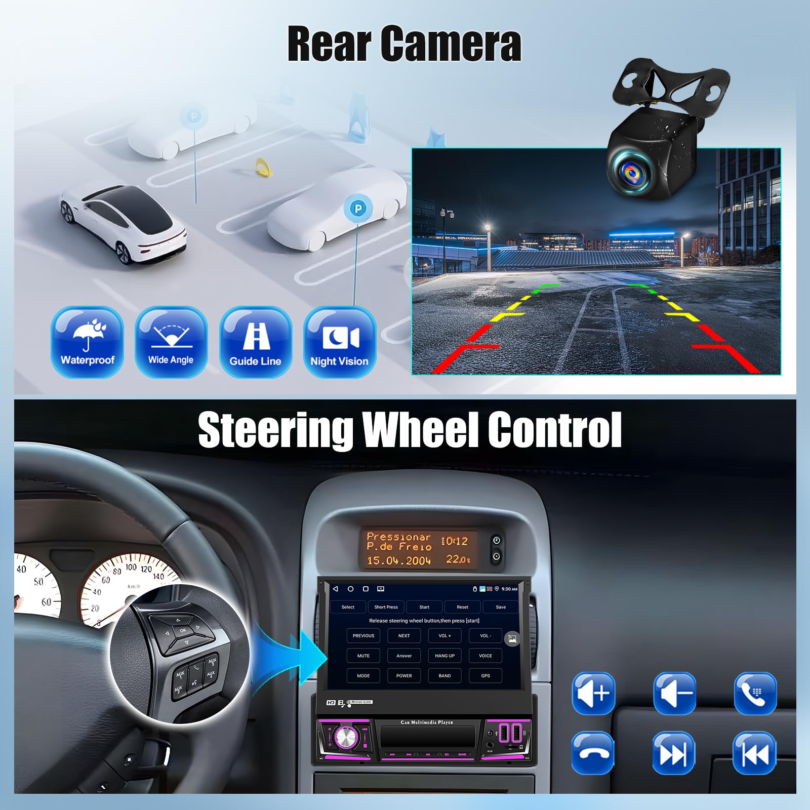 OiLiehu 4G+64G Android 13 Autoradio 1 Din avec CarPlay Android Auto sans Fil, 7“ Rétractable Manuellement Écran Tactile avec GPS WiFi Lien Miroir Bluetooth FM/RDS EQ USB AUX TF SWC Caméra Arrière
