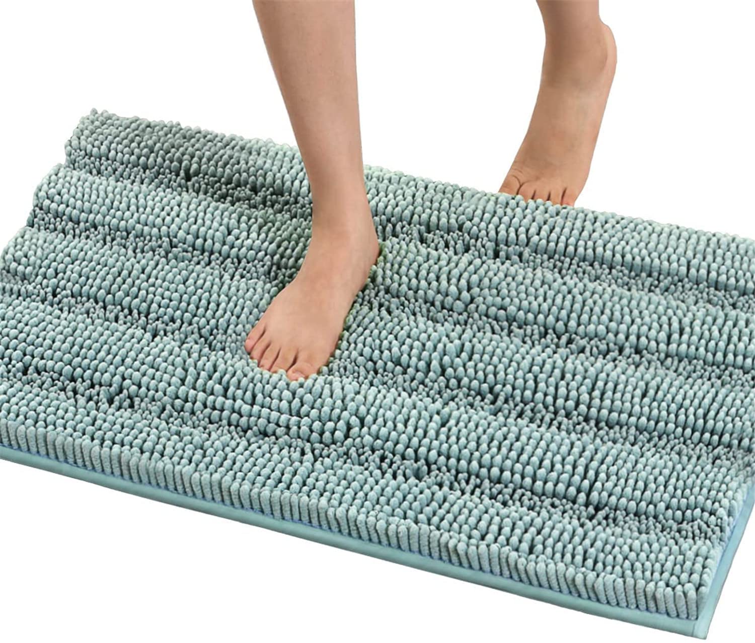 LINFKY Bath Mat Bath Rug for Bathroom Luxury Chenille Striped Bathroom Rug Mat Extra Soft and Absorbent Microfiber Shaggy Rugs Non Slip Rug Quick Dry Bath Mat Washable (Aqua,50 x 80 cm)
