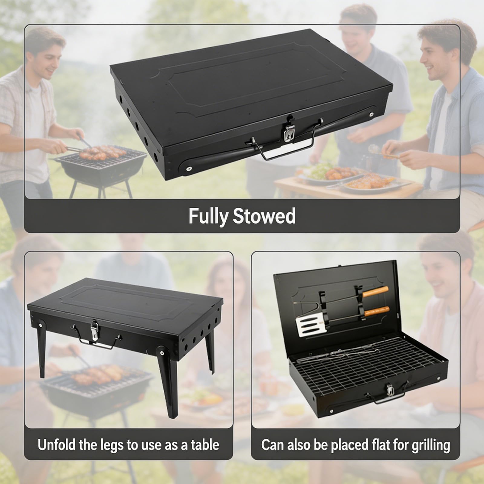 Holzkohlegrill BBQ Grill mit Deckel und Schornstein, Tragbarer Outdoor Campinggrill Smoker mit Doppelter Luftzufuhr, 2 Kohleschalen und Holzgriff für Garten, Terrasse und Picknick