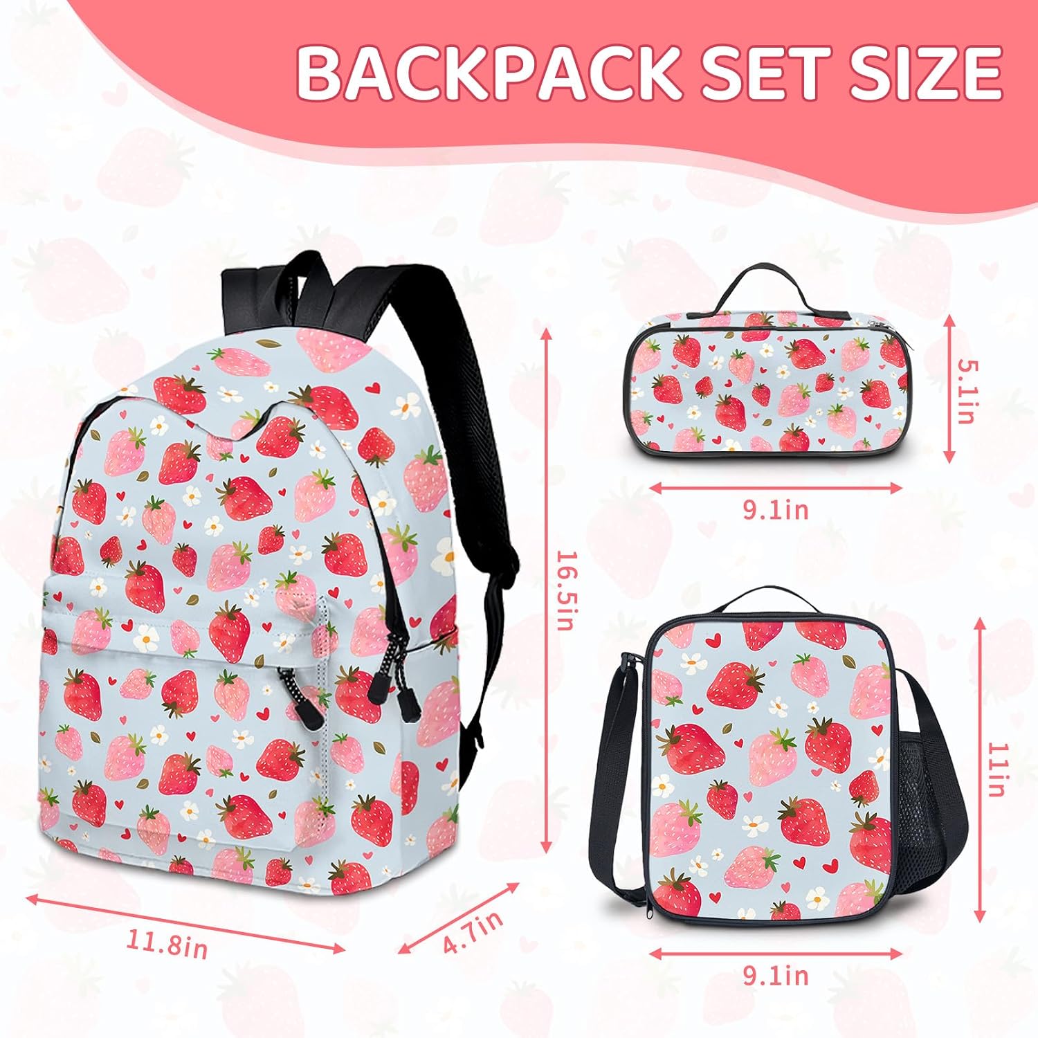 Strawberry Kids Backpack for School Boys, 3PCS Teen Boy Backpack with Lunch Box & Pencil Pouch Set, Shoulders Travel Daypack Lightweight School Bag Bookbag Set for Kindergarten Primary Middle School