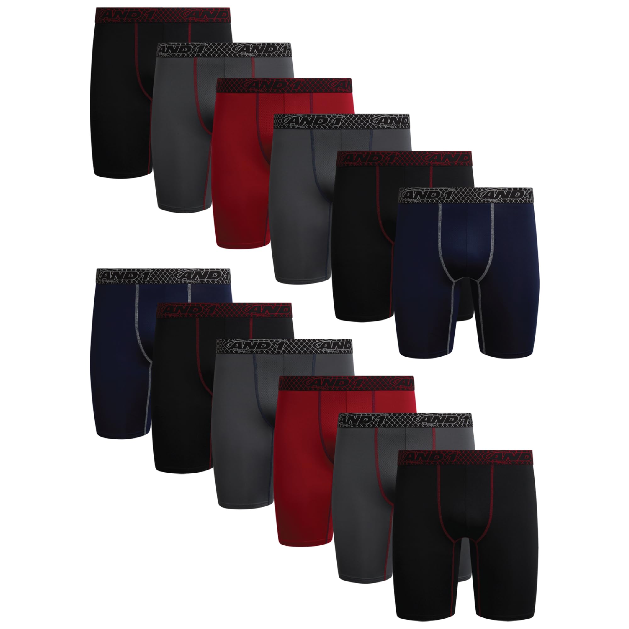 AND1 Mens Boxer Briefs - 12 Pack Platinum Performance Long Leg Boxer Briefs with Pouch - Boxers for