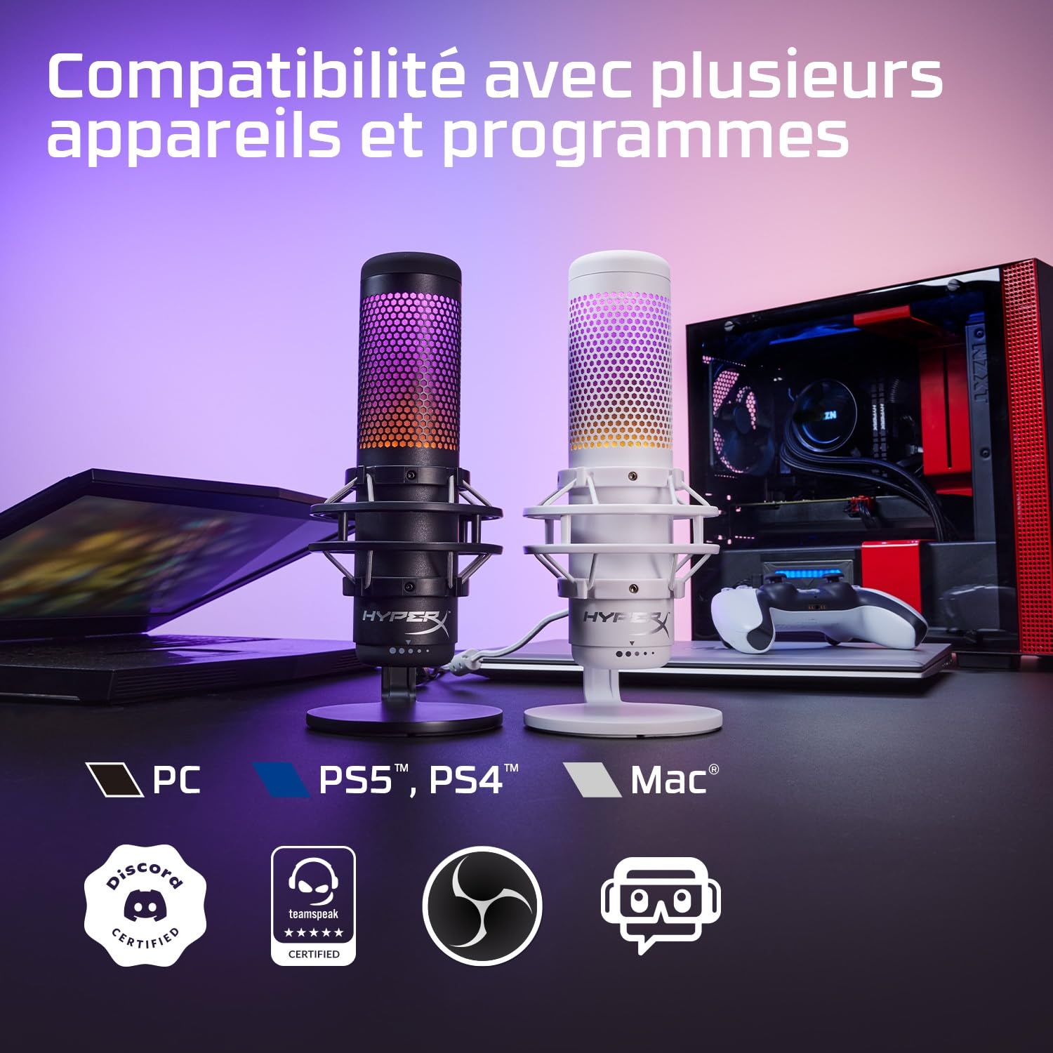 HyperX QuadCast S – Micro USB à condensateur RGB pour PC, PS4 et Mac, support anti-vibrations, Filtre anti-pop, Jeux, Streaming, Podcasts, Twitch, YouTube, Discord