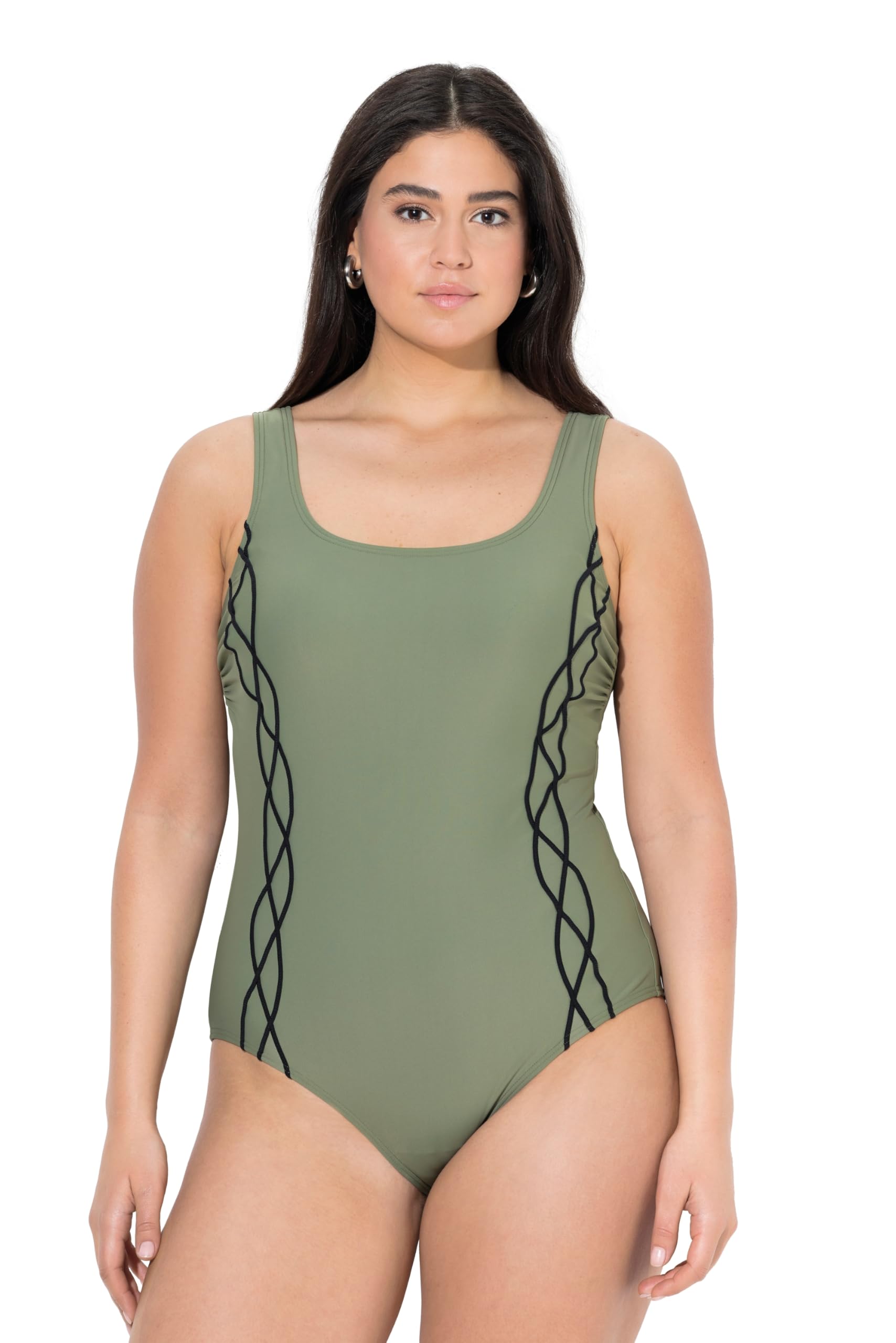 Ulla Popken Damen große Größen Übergrößen Plus Size Badeanzug, Pipings, ohne Softcups, Rundhals 845119