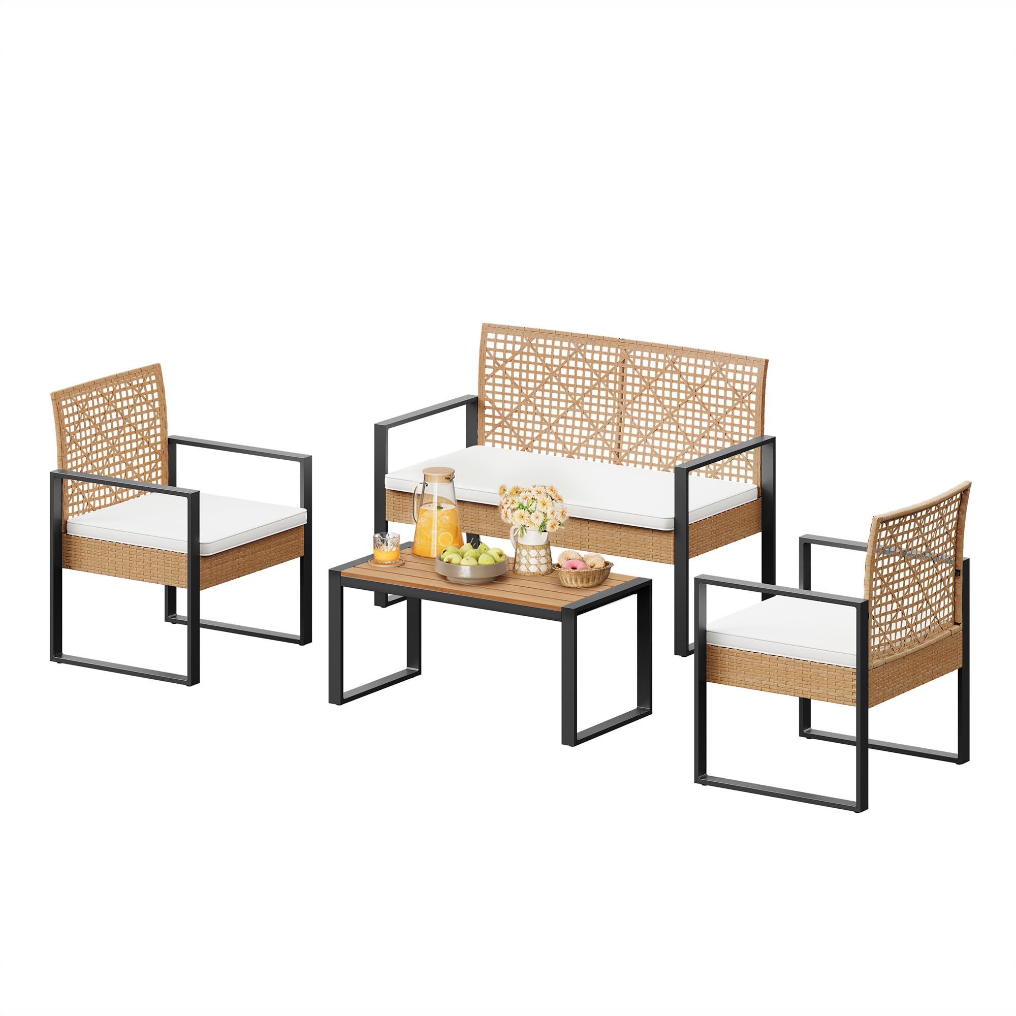 WOLTU Rattan Gartenmöbel 4-teilig mit 1 Sitzer Sofa 2 Sessel 1 Couchtisch und Kissen Lounge Möbel Outdoor Balkonmöbel Kleiner Balkon Sitzgruppe Gartencouch Terrassenmöbel Set für Garten Terrassen