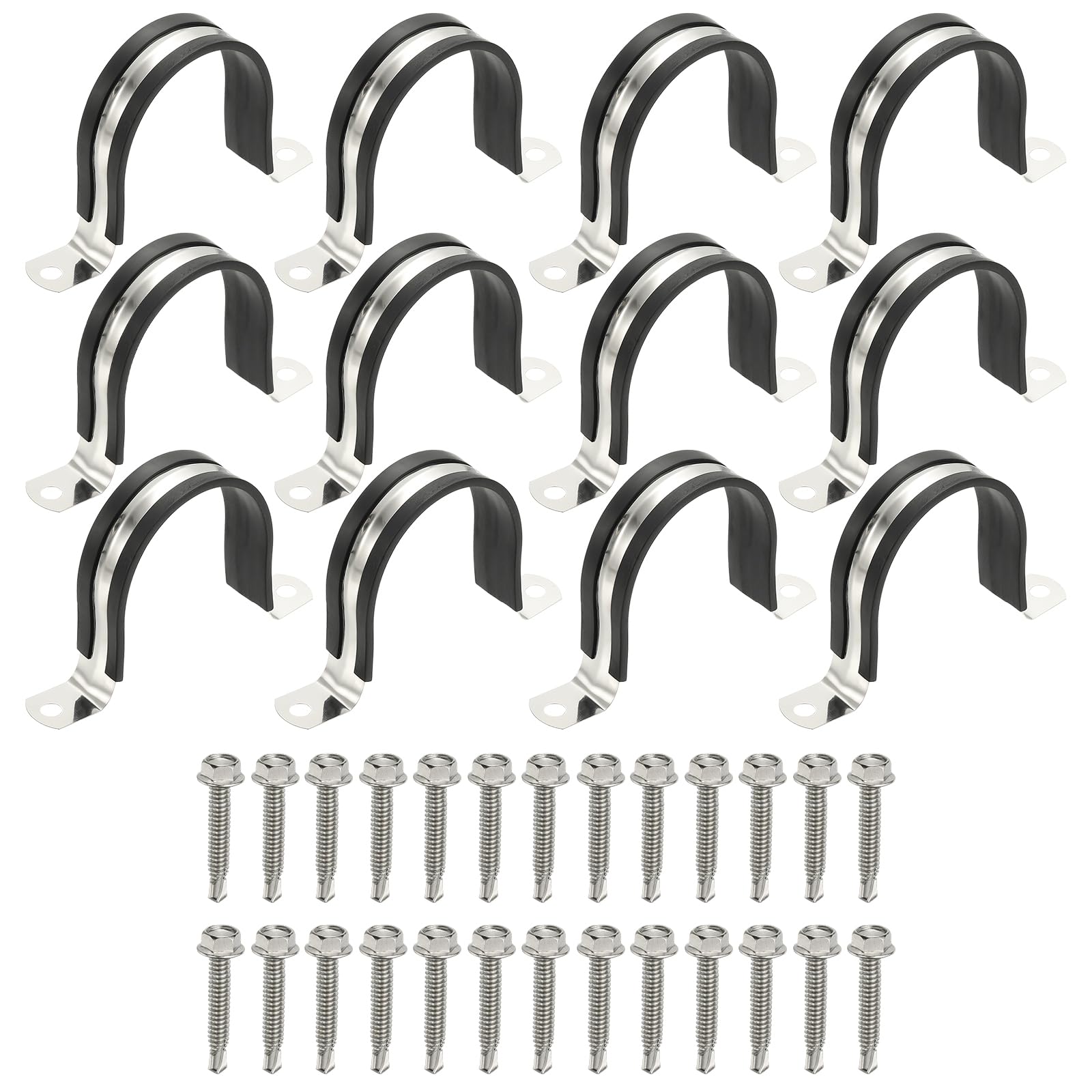 PATIKIL 12Pcs Pipe Clamps, 2-3/8 Inch 304 Stainless Steel Rubber Cushioned U Bracket Conduit Clamps Pipe Strap Wire Clips with Hexagonal Screw for Tube Hose Cord Installation, 60mm