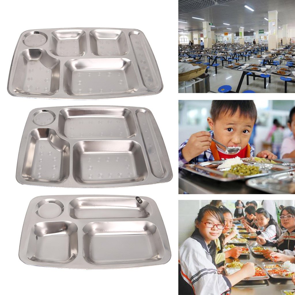 5 Plats en porcelaine ronds + plateaux présentation en inox divers - V