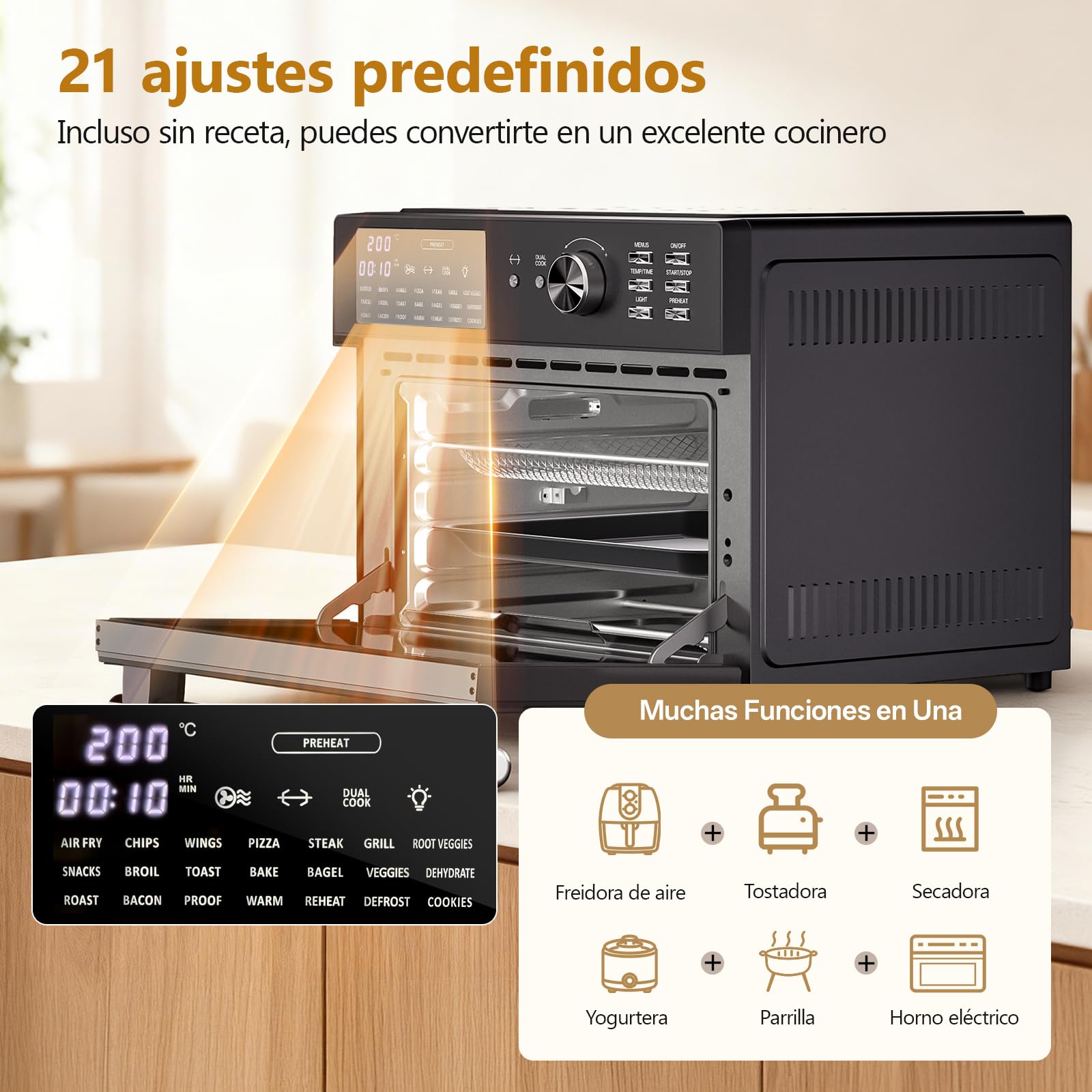 Horno Freidora de Aire Caliente,Gris XXL Freidoras de Aire Multifunción sin Aceite,21 Pre Programas，30°-230°,1800W,Recetas, 7 Accesorios, libro de recetas, Dual Cook, freidora de aire (negro)