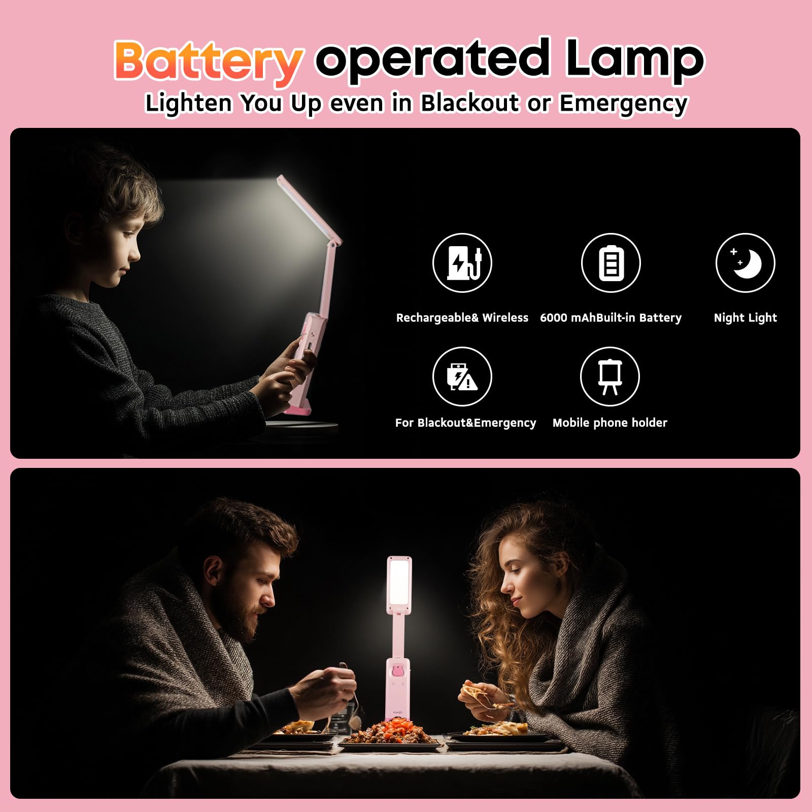 VAVOFO Schreibtischlampe, faltbar, tragbar, niedliche Schreibtischlampe, batteriebetriebene Schreibtischlampe, integriertes 6000 mAh wiederaufladbar, 3 Farben, warmrosa Schreibtischlampe, USB C