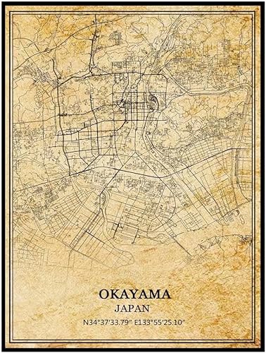 TANOKCRS Okayama - Póster de mapa vintage de Japón, arte de pared, diseño de mapa de carretera de la ciudad, regalo de recuerdo de viaje, decoración