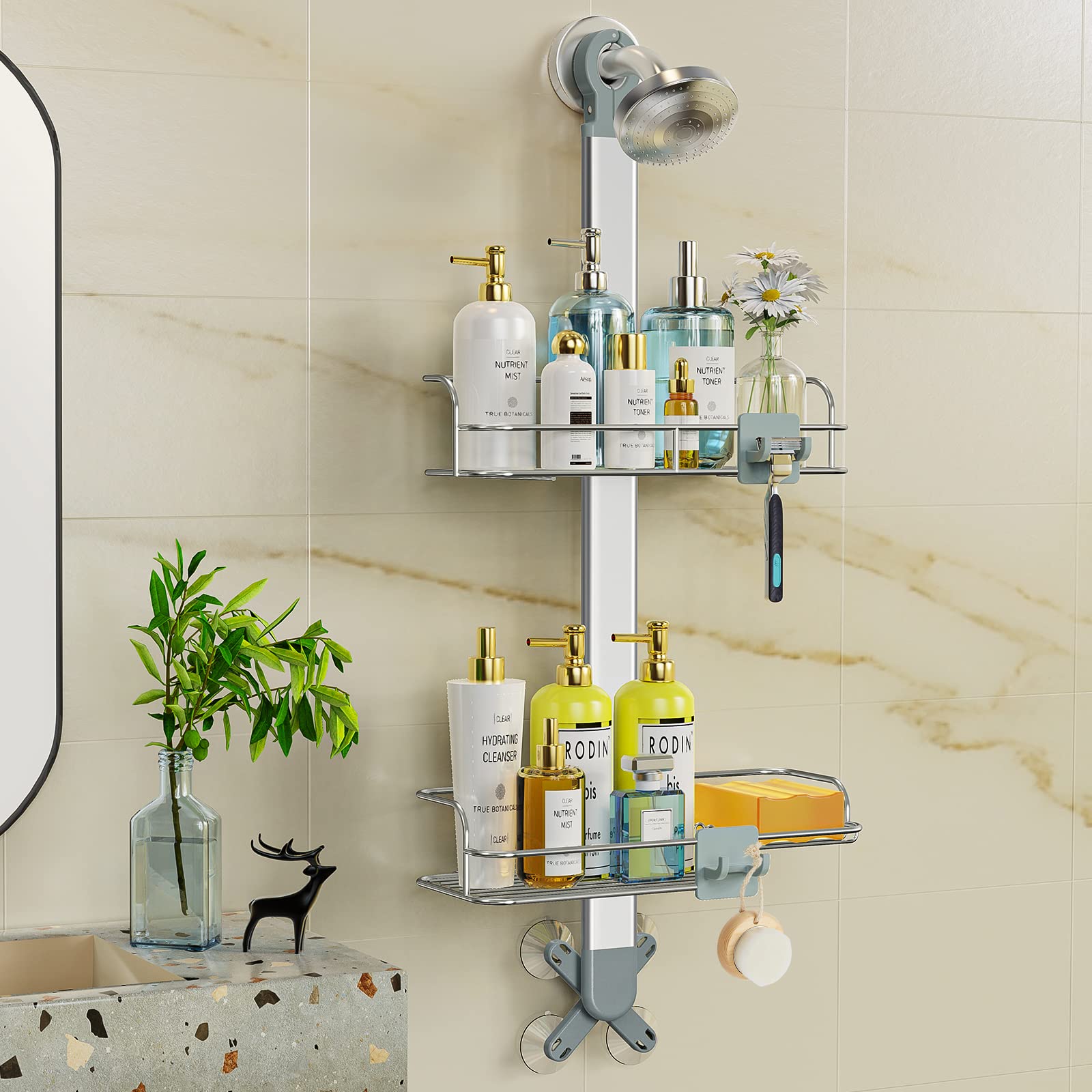 Thideewiz 2 Tier Hanging Shower Caddy over Shower Head with Built-in Soap Holder, Anodized Aluminum and Stainless Steel